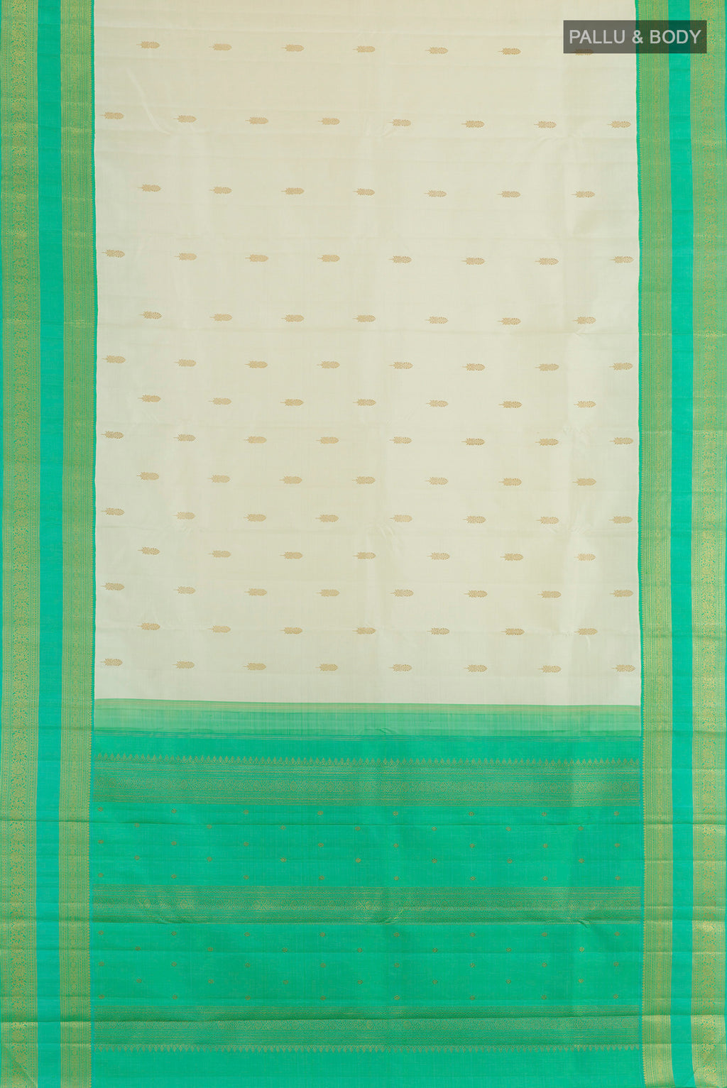 Flat view of Pure Silk Pure Zari Off White Kanjivaram Saree with Zari Butta on the body and Zari Border. 