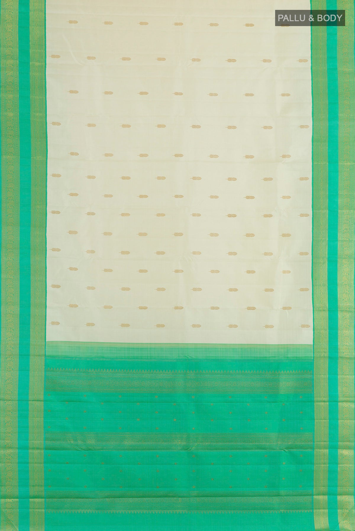 Flat view of Pure Silk Pure Zari Off White Kanjivaram Saree with Zari Butta on the body and Zari Border. 