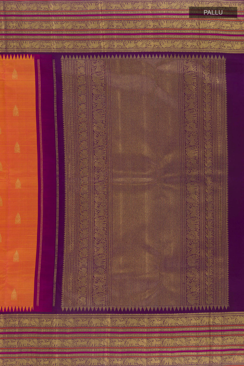Close up image of the pallu of Pure Silk Pure Zari Brick Orange Kanjivaram Saree with Zari Butta on the body and Zari Border. 