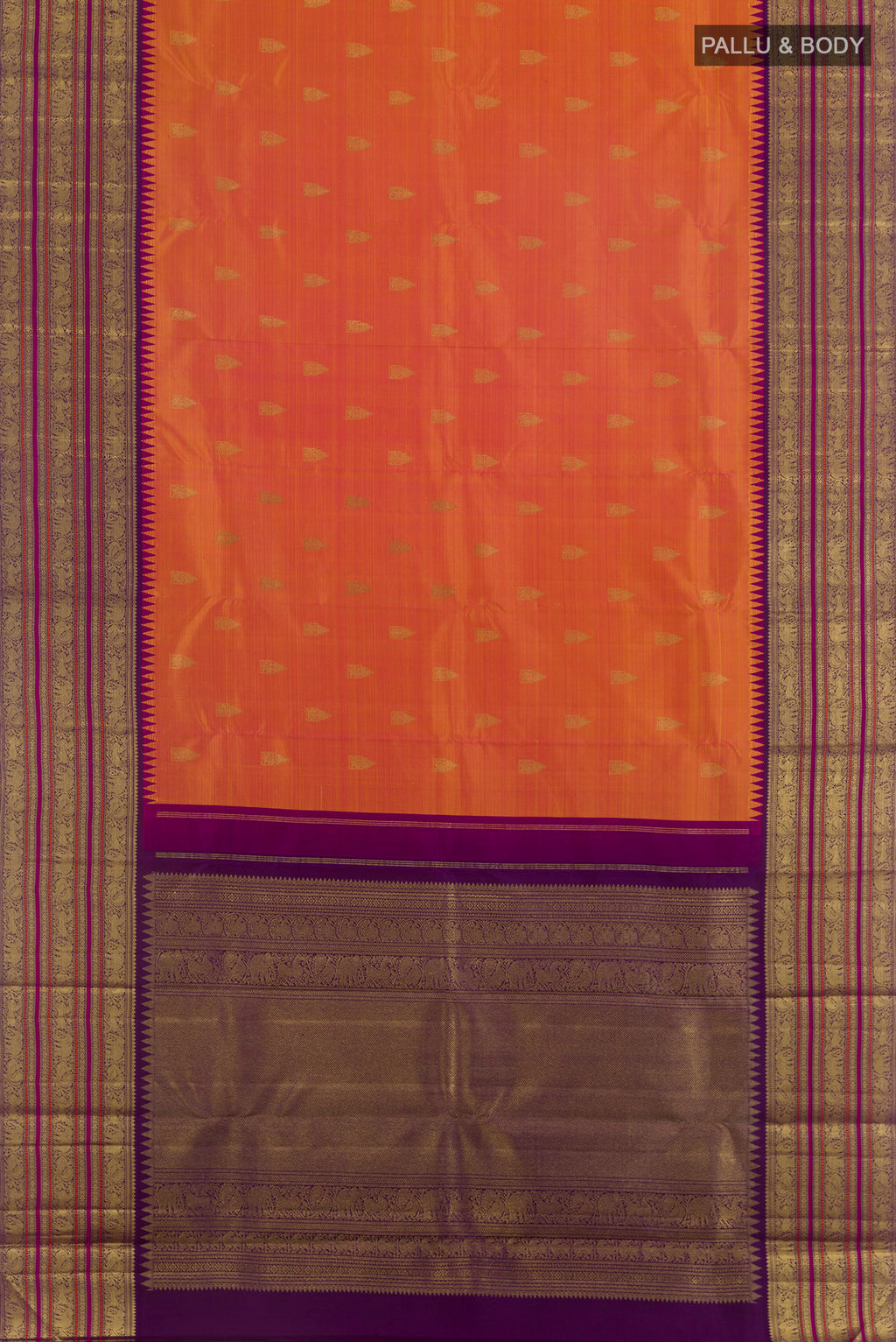 Flat view of Pure Silk Pure Zari Brick Orange Kanjivaram Saree with Zari Butta on the body and Zari Border. 