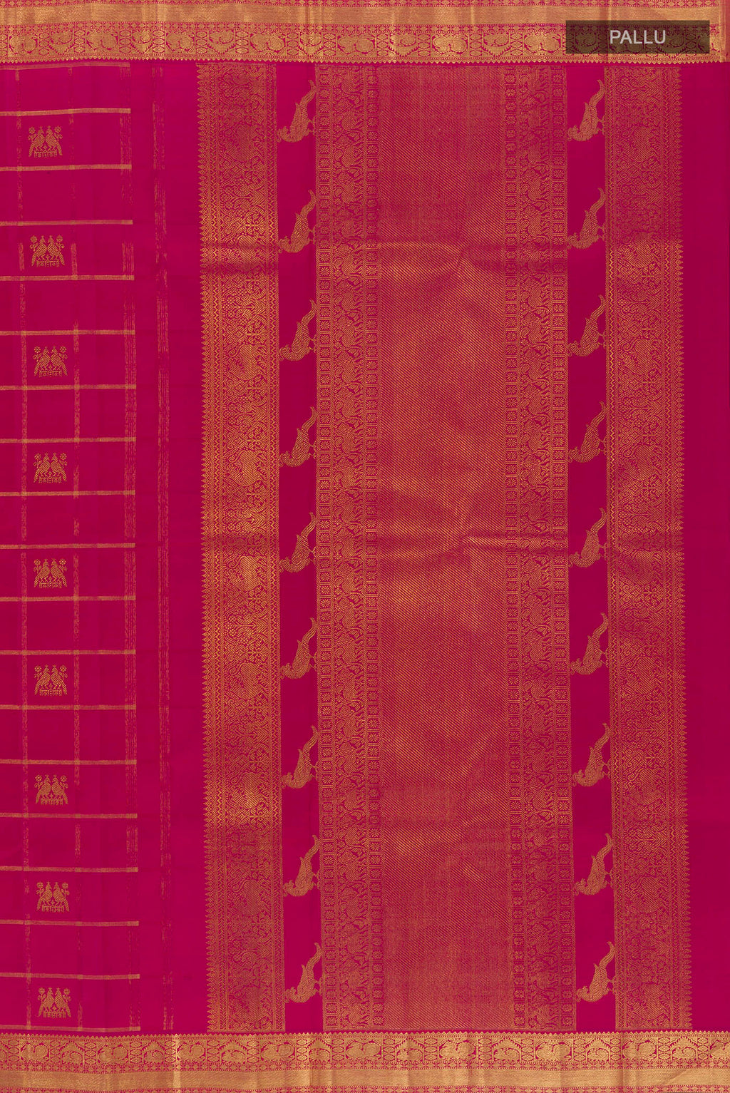 Close up image of the pallu of Pure Silk Pure Zari Dark Pink Kanjivaram Saree with Checked design on the body and Zari Border. 