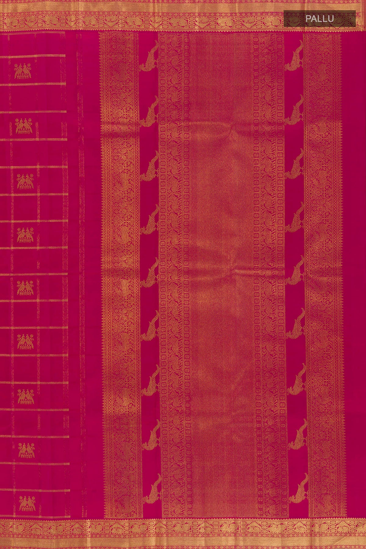 Close up image of the pallu of Pure Silk Pure Zari Dark Pink Kanjivaram Saree with Checked design on the body and Zari Border. 