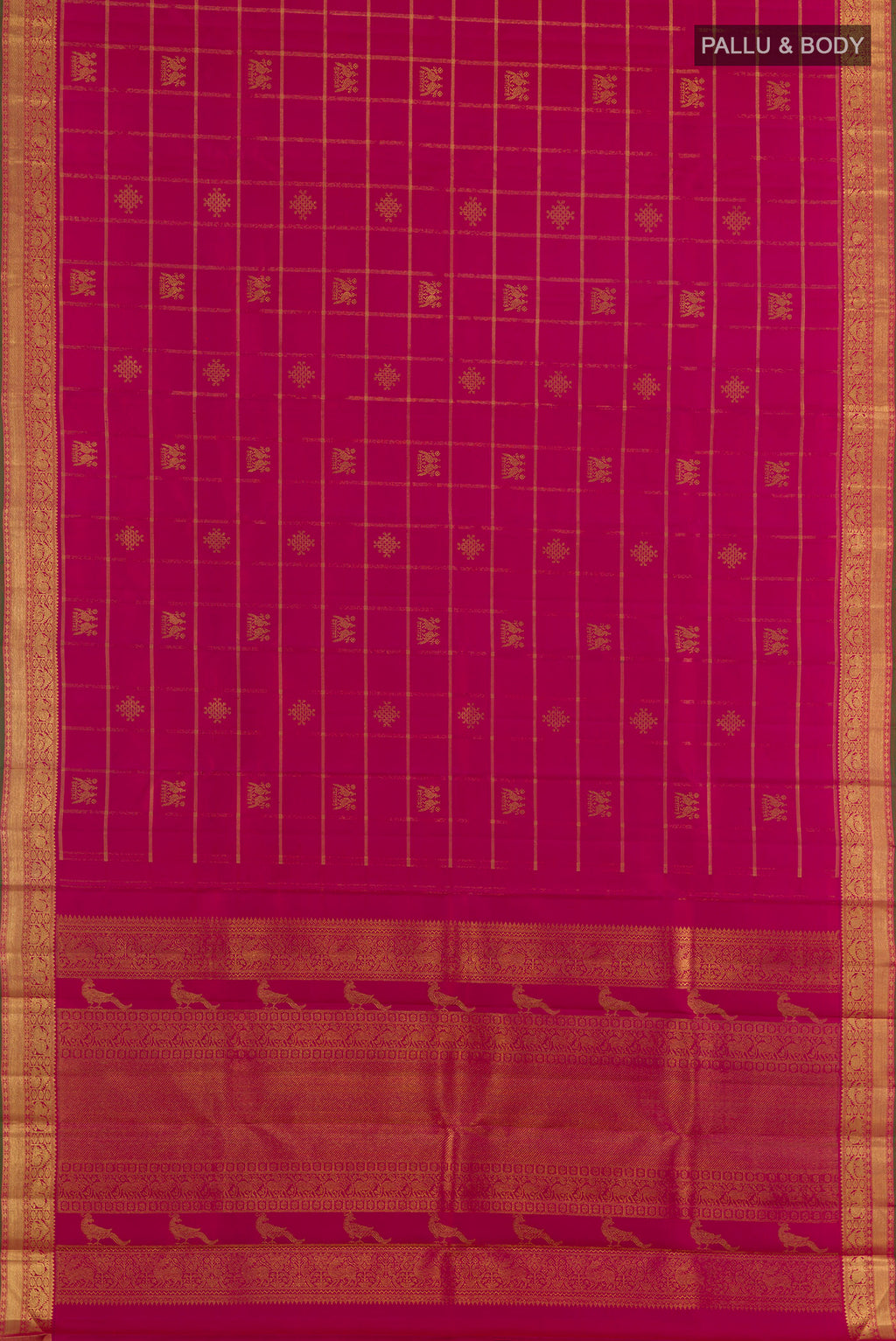 Flat view of Pure Silk Pure Zari Dark Pink Kanjivaram Saree with Checked design on the body and Zari Border. 