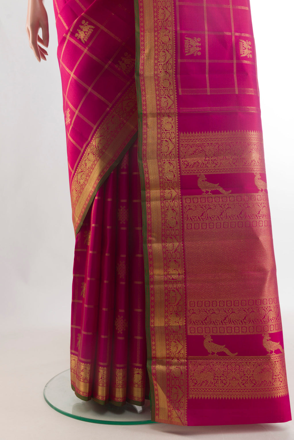 Pleats and pallu of Pure Silk Pure Zari Dark Pink Kanjivaram Saree with Checked design on the body and Zari Border. 