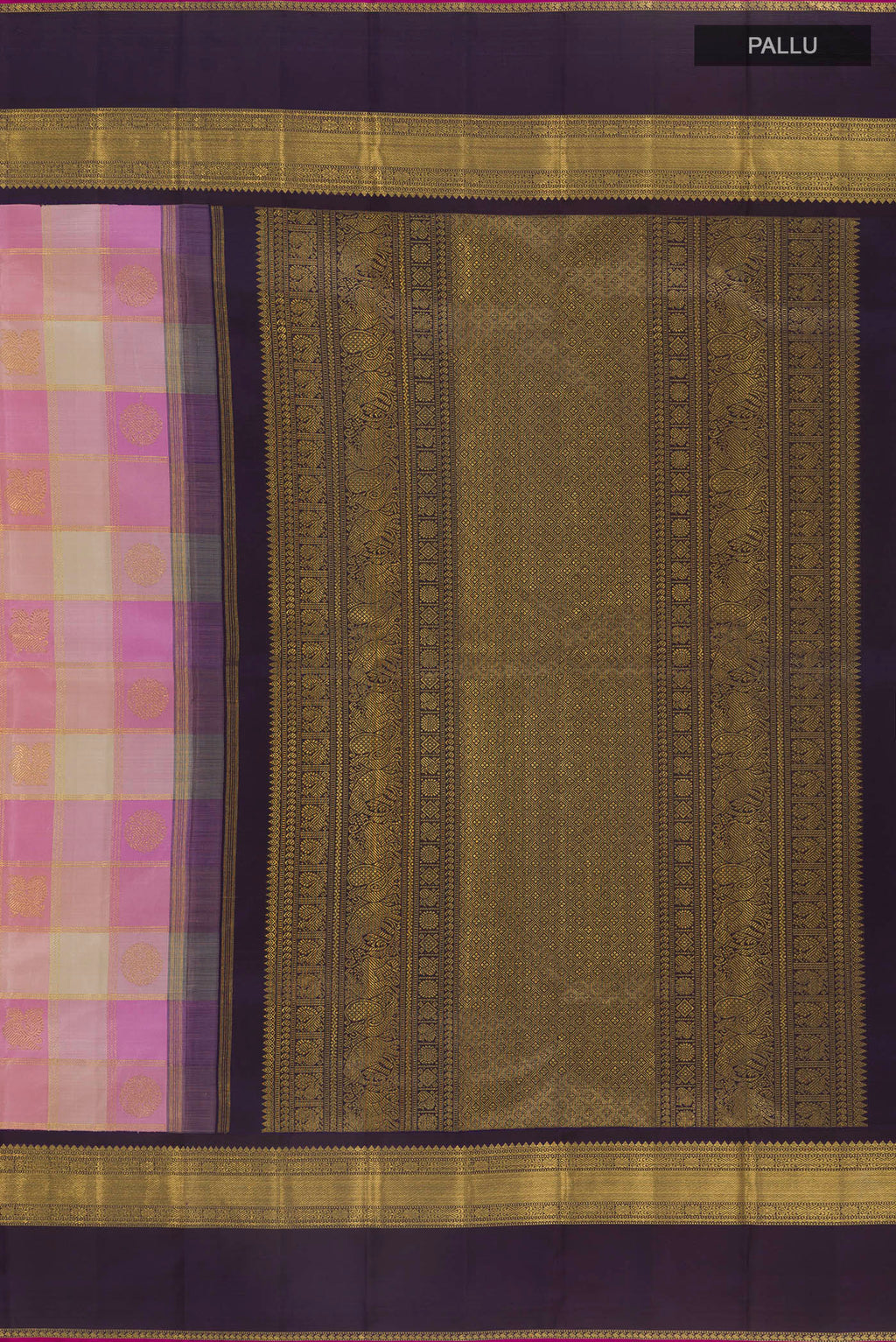 Close up image of the pallu of Pure Silk Pure Zari Pink Kanjivaram Saree with Checked design on the body and Zari Border. 