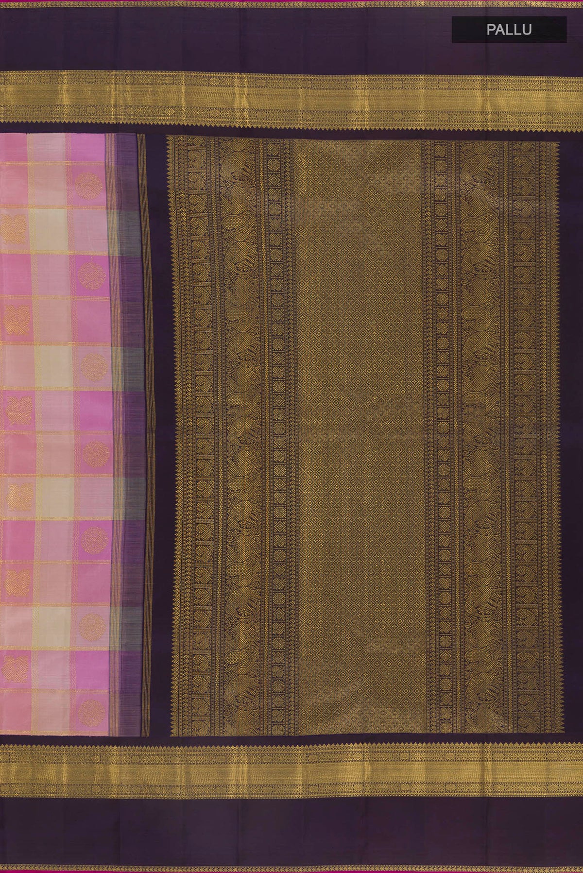 Close up image of the pallu of Pure Silk Pure Zari Pink Kanjivaram Saree with Checked design on the body and Zari Border. 