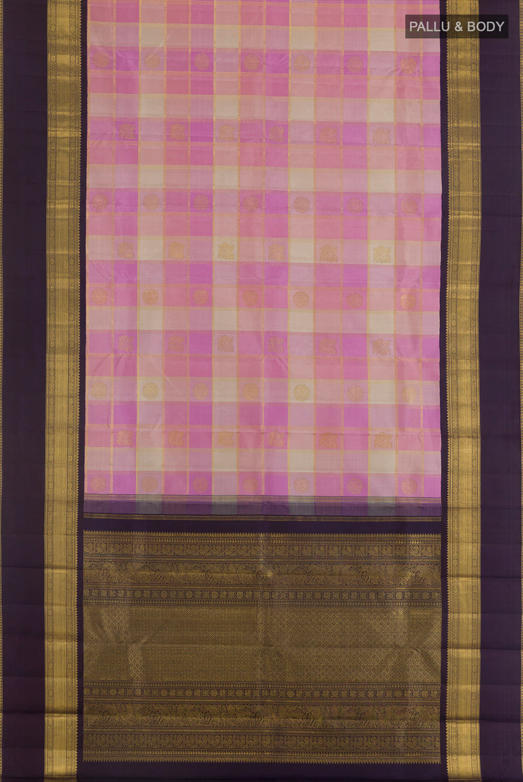 Flat view of Pure Silk Pure Zari Pink Kanjivaram Saree with Checked design on the body and Zari Border. 