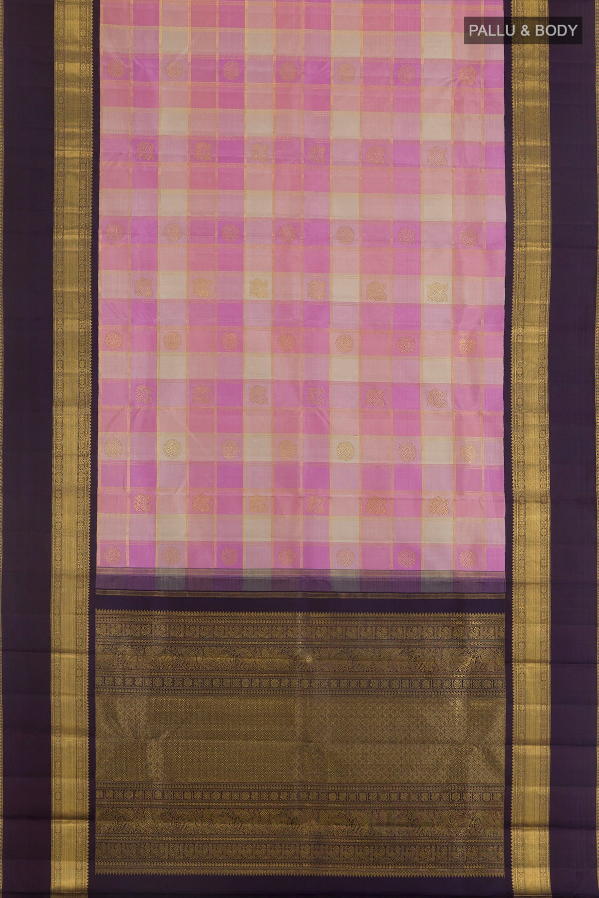 Flat view of Pure Silk Pure Zari Pink Kanjivaram Saree with Checked design on the body and Zari Border. 