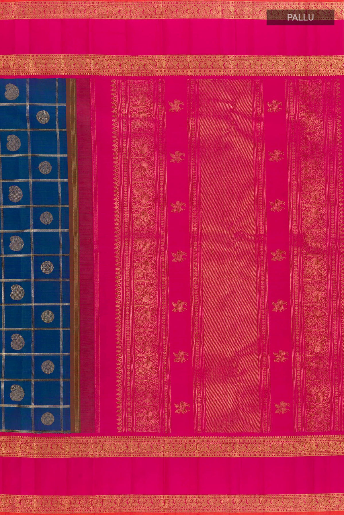 Close up image of the pallu of Pure Silk Pure Zari Blue Kanjivaram Saree with Checked design on the body and Zari Border. 