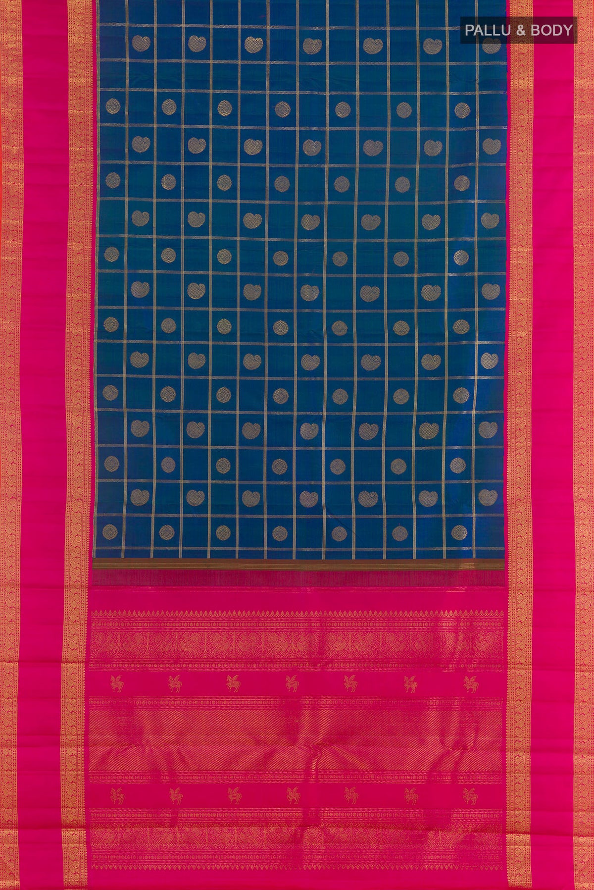 Flat view of Pure Silk Pure Zari Blue Kanjivaram Saree with Checked design on the body and Zari Border. 