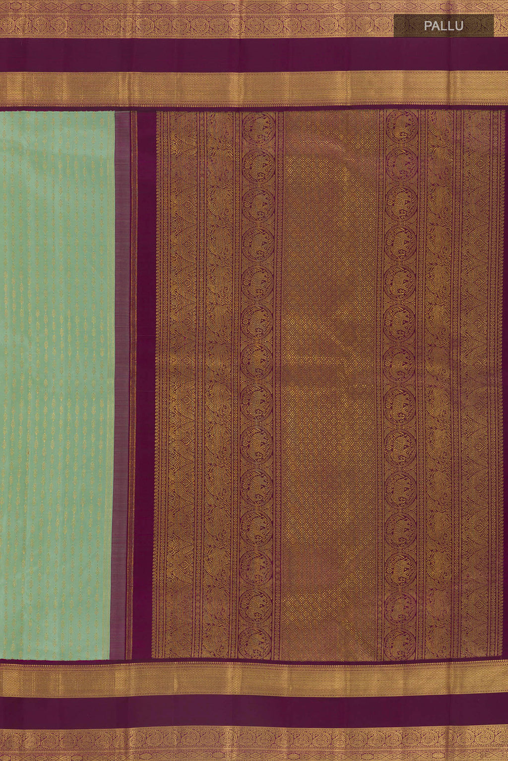 Close up image of the pallu of Pure Silk Pure Zari Light Green Kanjivaram Saree with Checked design on the body and Zari Border. 