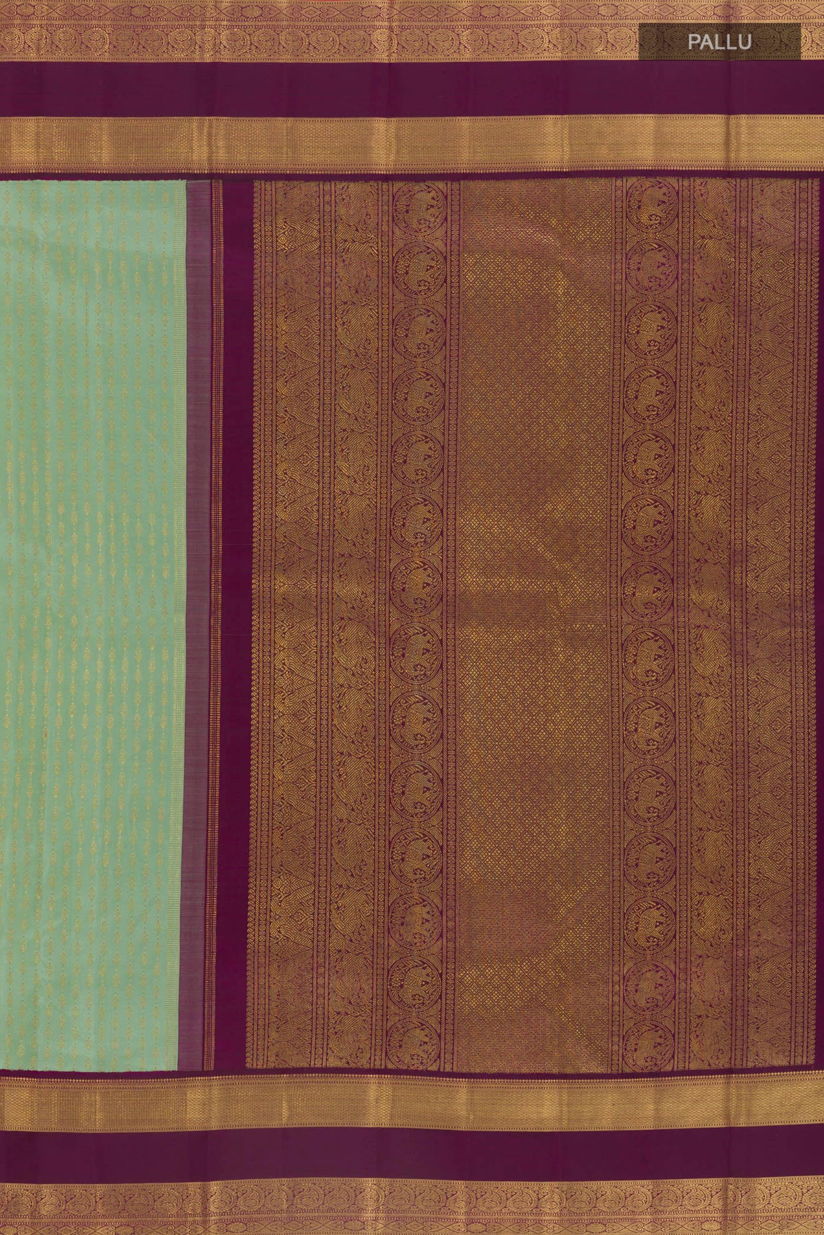Close up image of the pallu of Pure Silk Pure Zari Light Green Kanjivaram Saree with Checked design on the body and Zari Border. 