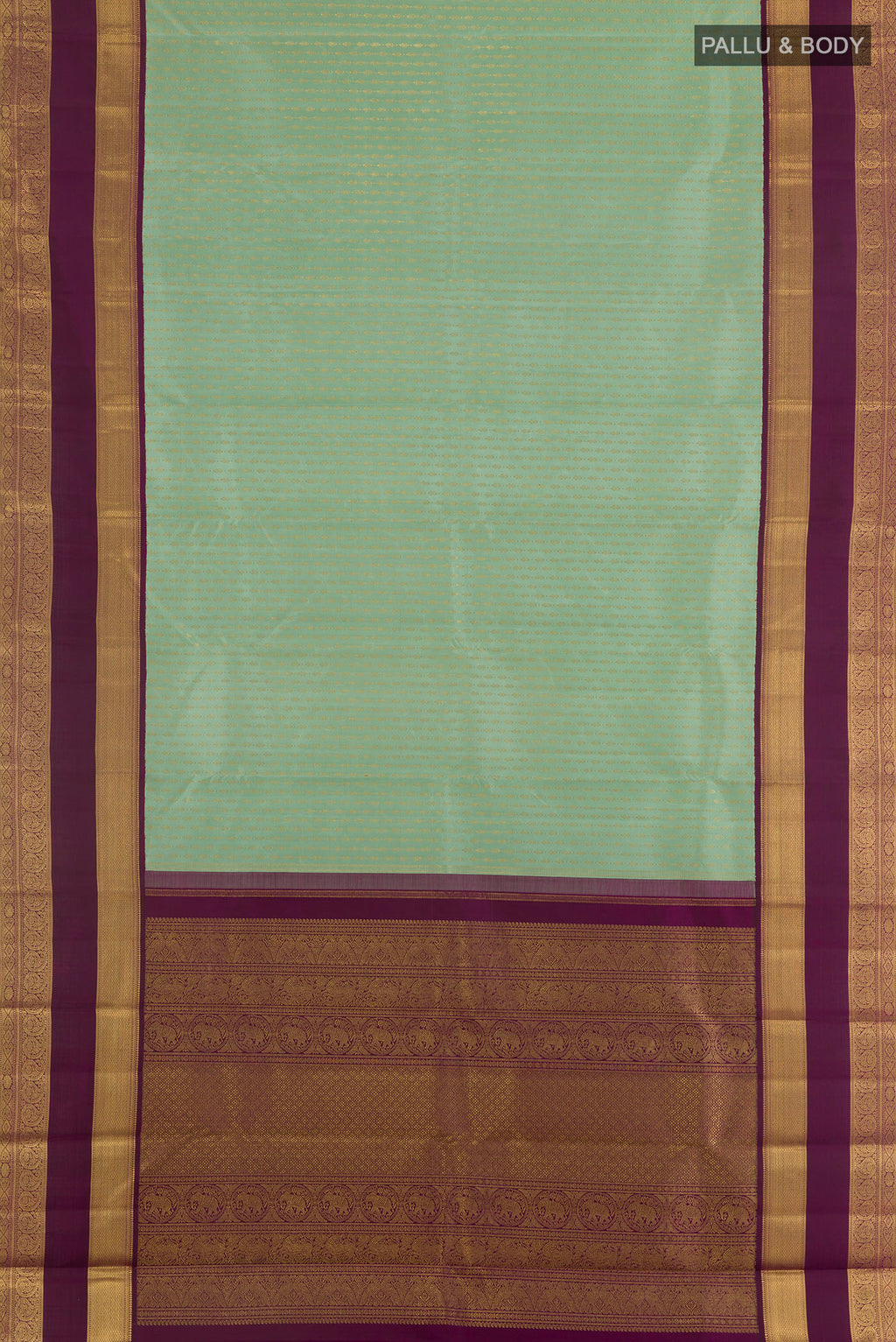 Flat view of Pure Silk Pure Zari Light Green Kanjivaram Saree with Checked design on the body and Zari Border. 