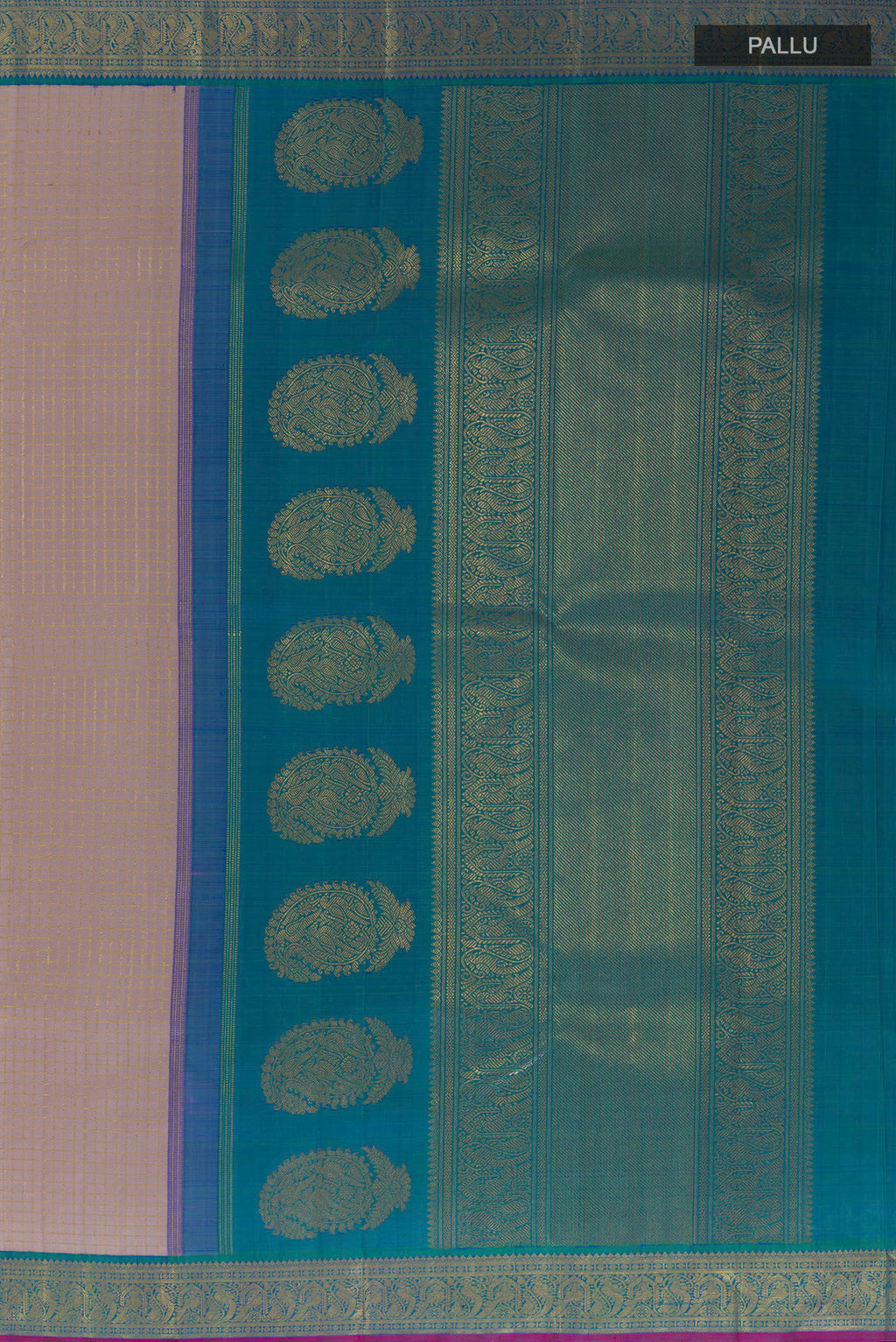 Close up image of the pallu of Pure Silk Pure Zari Beige Kanjivaram Saree with Checked design on the body and Zari Border. 