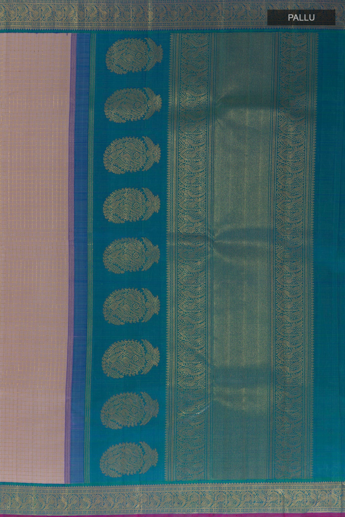 Close up image of the pallu of Pure Silk Pure Zari Beige Kanjivaram Saree with Checked design on the body and Zari Border. 