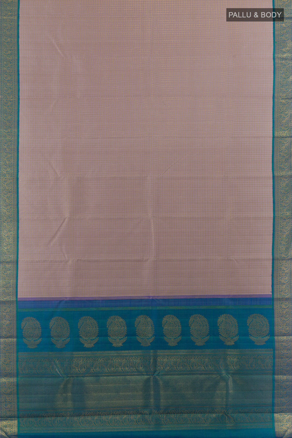 Flat view of Pure Silk Pure Zari Beige Kanjivaram Saree with Checked design on the body and Zari Border. 