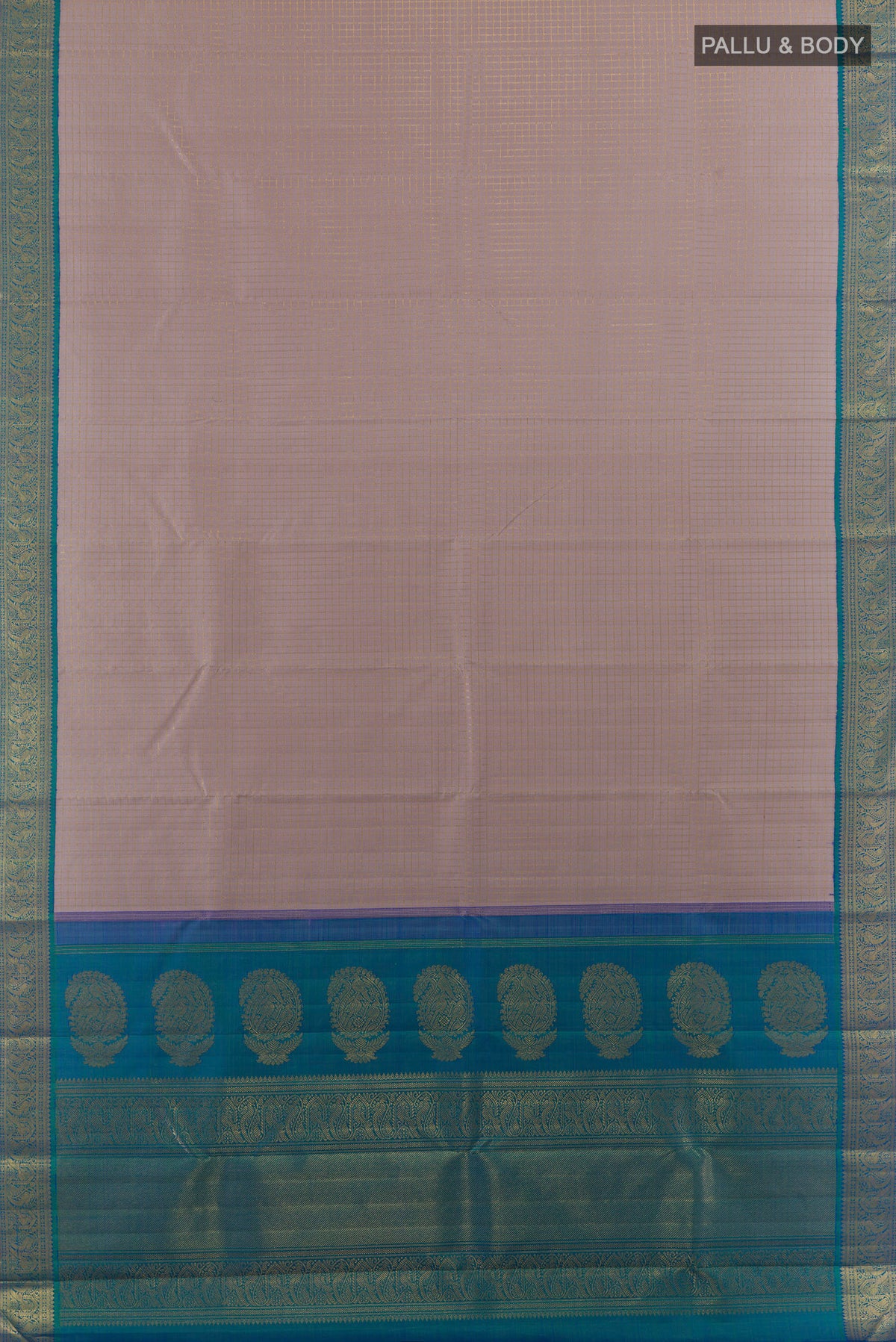 Flat view of Pure Silk Pure Zari Beige Kanjivaram Saree with Checked design on the body and Zari Border. 