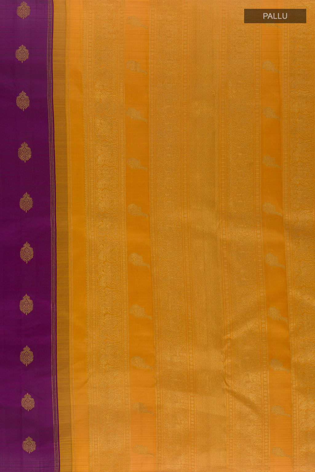 Close up image of the pallu of Pure Silk Pure Zari Purple Kanchipuram Saree with Zari Butta on the body and Without Border. 
