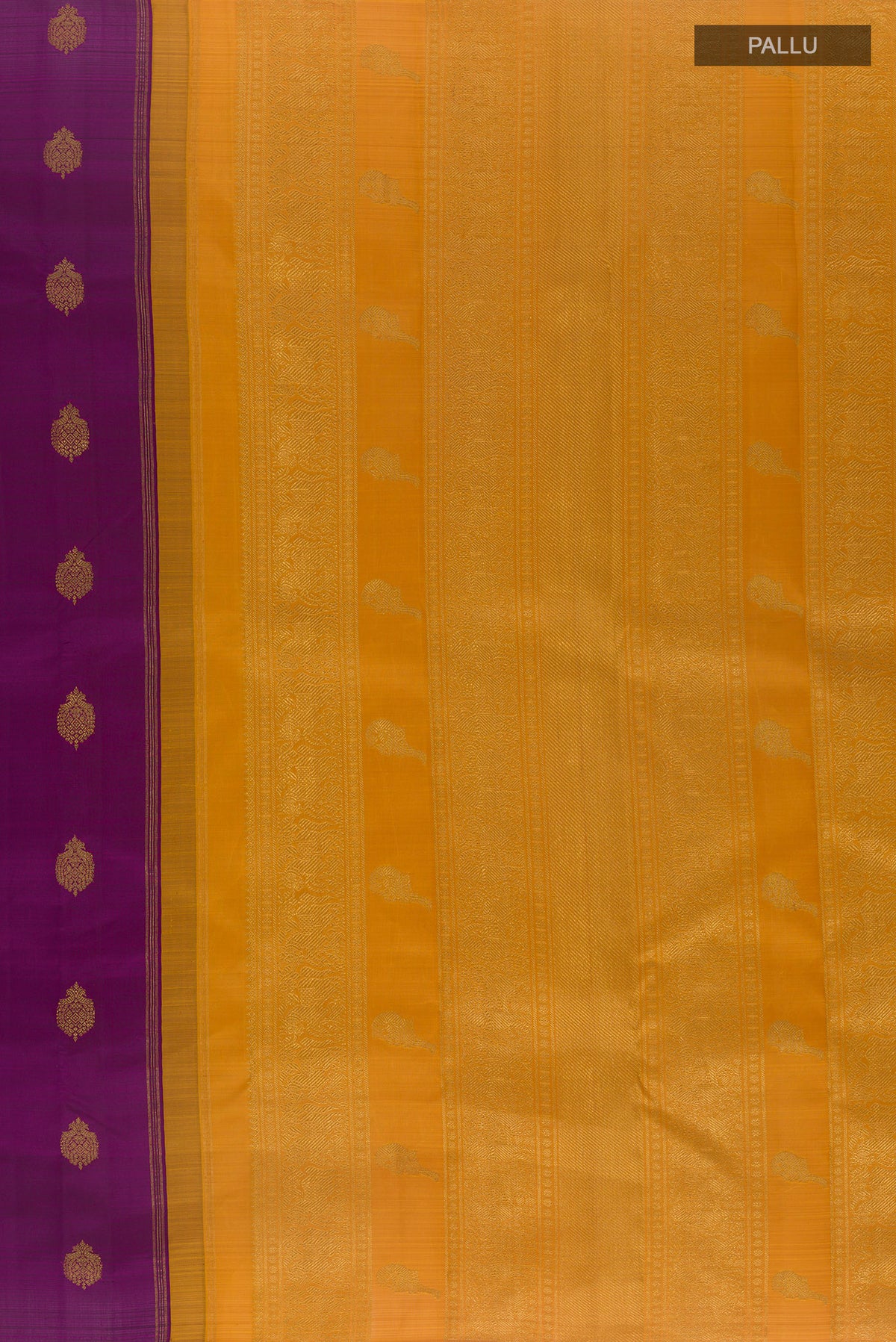 Close up image of the pallu of Pure Silk Pure Zari Purple Kanchipuram Saree with Zari Butta on the body and Without Border. 