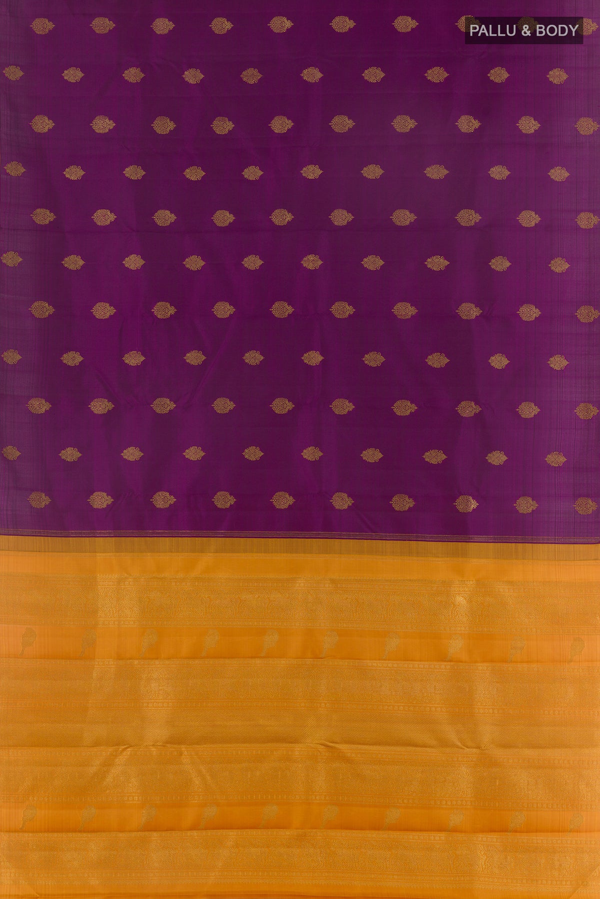Flat view of Pure Silk Pure Zari Purple Kanchipuram Saree with Zari Butta on the body and Without Border. 