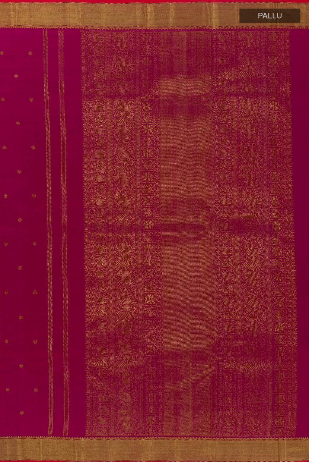 Close up image of the pallu of Pure Silk Pure Zari Dark Pink Kanjivaram Saree with Zari Butta on the body and Zari Border. 