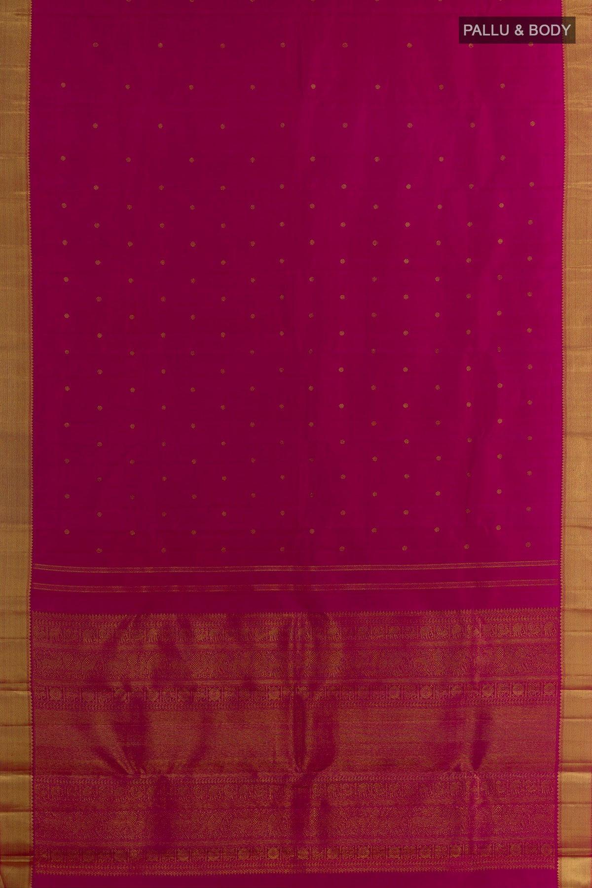 Flat view of Pure Silk Pure Zari Dark Pink Kanjivaram Saree with Zari Butta on the body and Zari Border. 