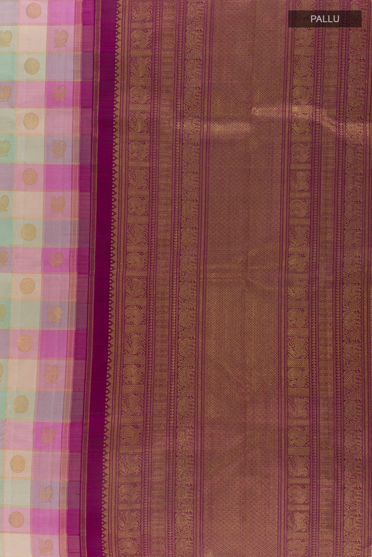Close up image of the pallu of Pure Silk Pure Zari Multi Color Kanjivaram Saree with Checked design on the body and Without Border. 