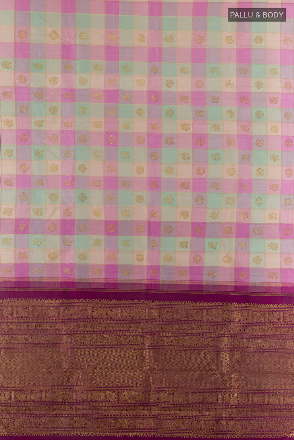 Flat view of Pure Silk Pure Zari Multi Color Kanjivaram Saree with Checked design on the body and Without Border. 