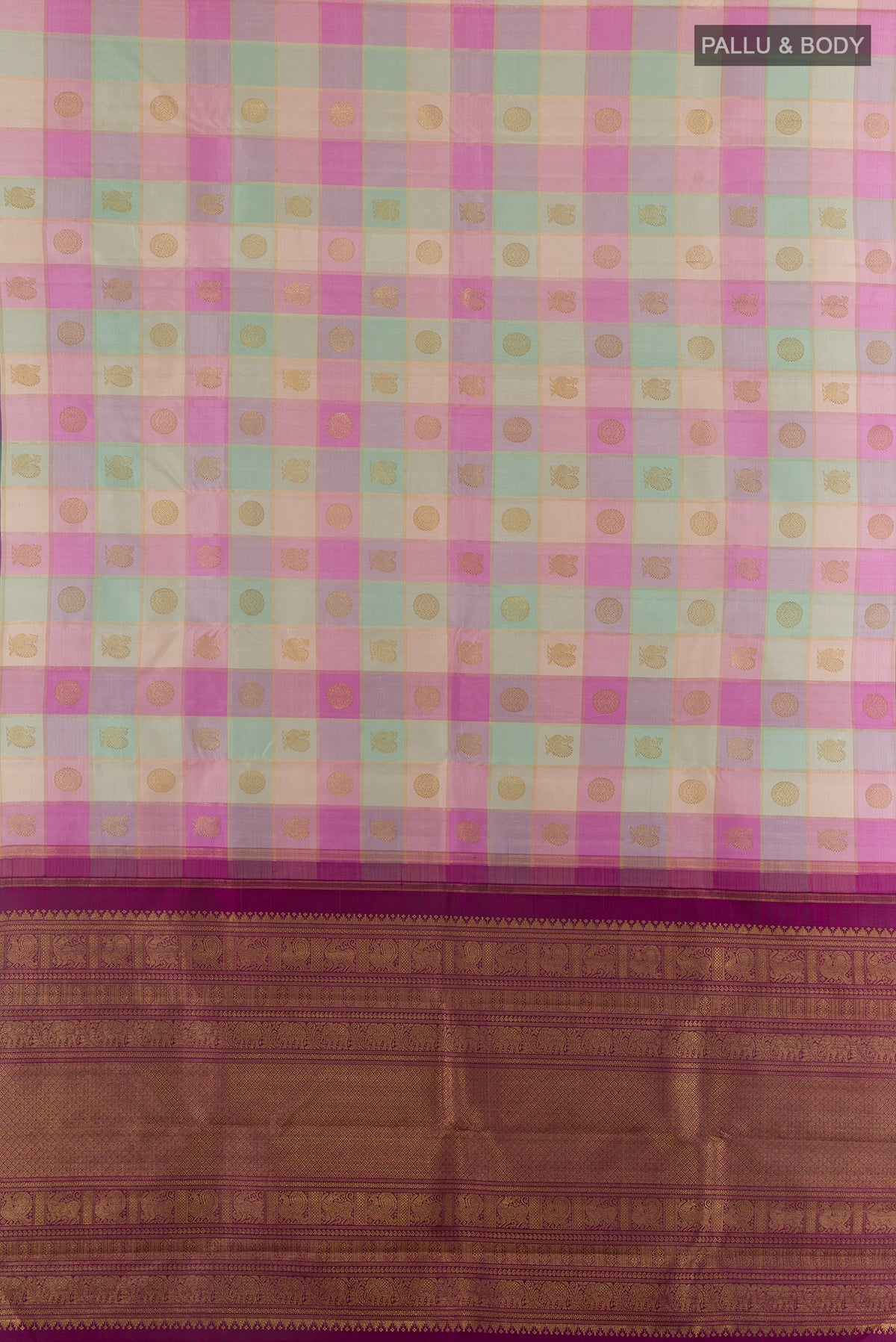 Flat view of Pure Silk Pure Zari Multi Color Kanjivaram Saree with Checked design on the body and Without Border. 