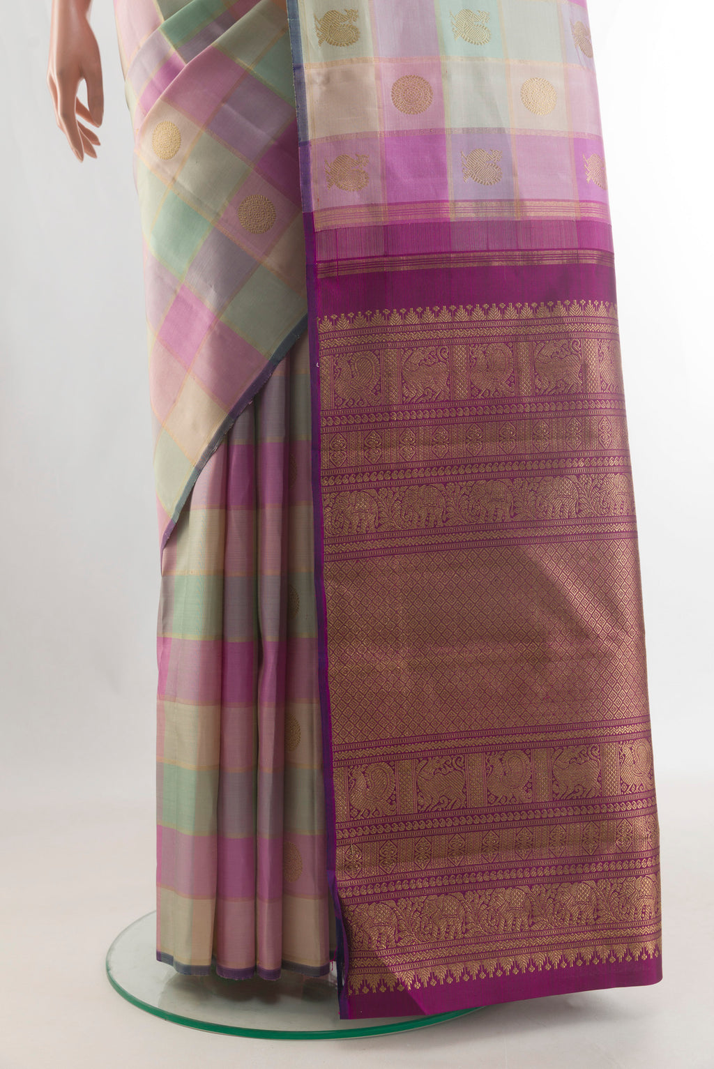 Pleats and pallu of Pure Silk Pure Zari Multi Color Kanjivaram Saree with Checked design on the body and Without Border. 