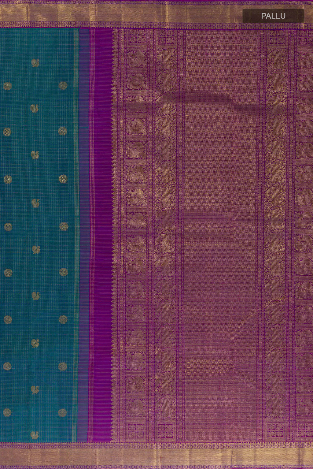 Close up image of the pallu of Pure Silk Pure Zari Peacock Blue Kanjivaram Saree with Zari Butta on the body and Zari Border. 