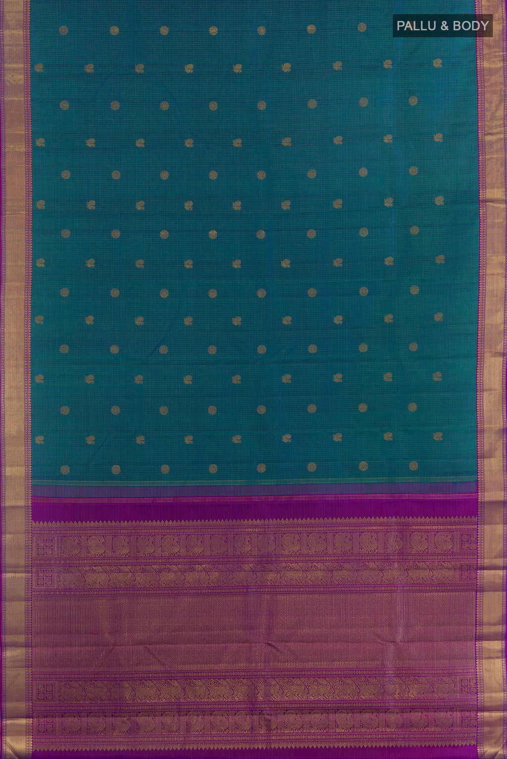 Flat view of Pure Silk Pure Zari Peacock Blue Kanjivaram Saree with Zari Butta on the body and Zari Border. 