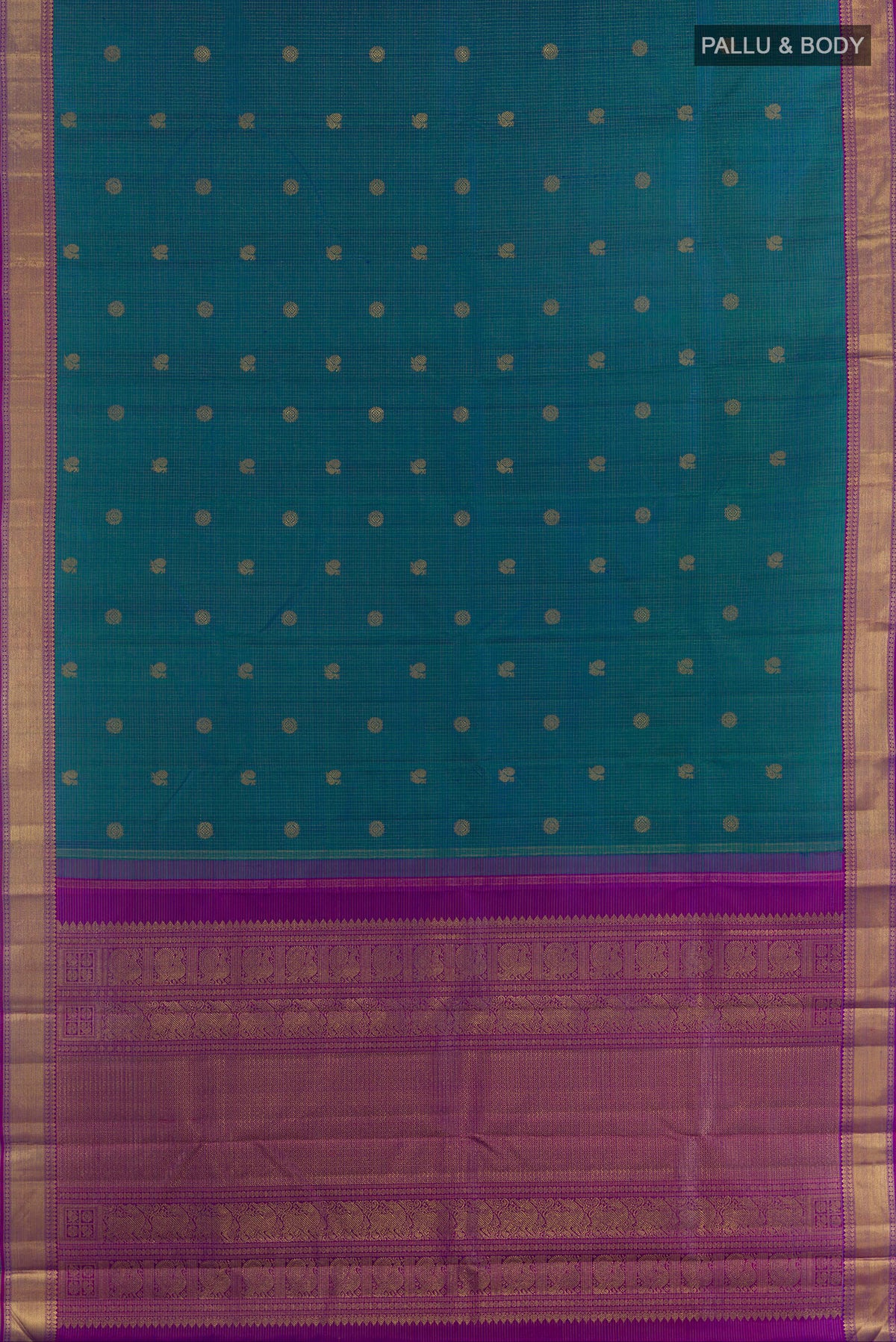 Flat view of Pure Silk Pure Zari Peacock Blue Kanjivaram Saree with Zari Butta on the body and Zari Border. 