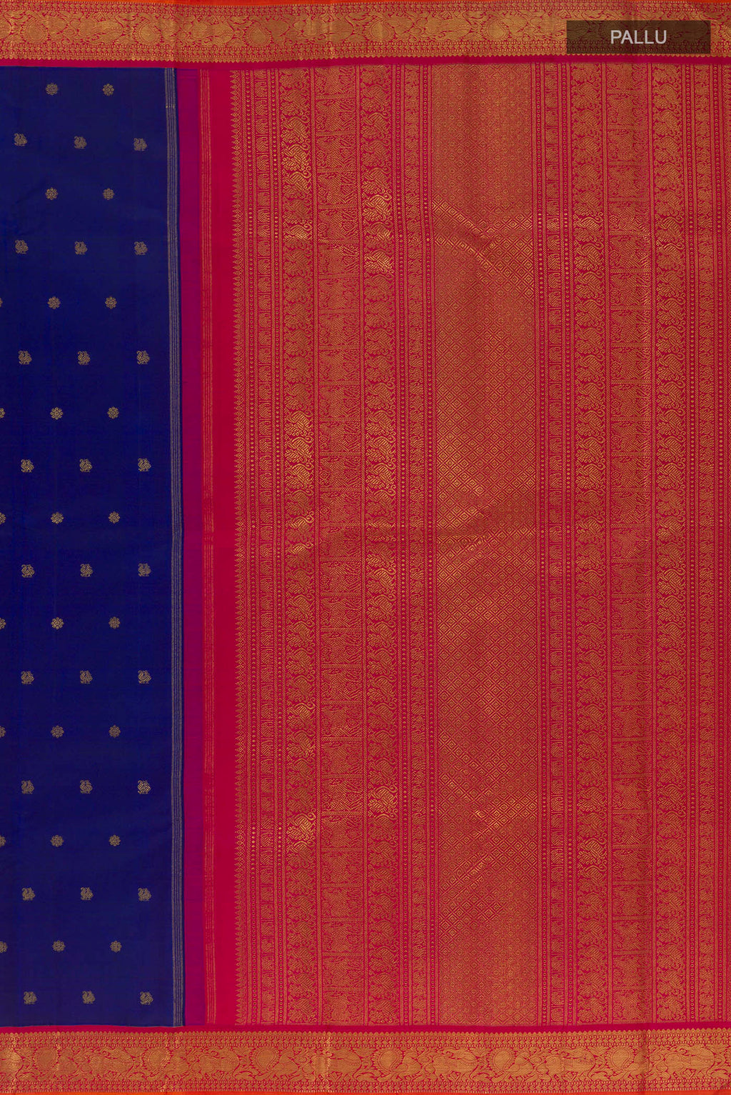 Close up image of the pallu of Pure Silk Pure Zari Blue Kanjivaram Saree with Zari Butta on the body and Zari Border. 