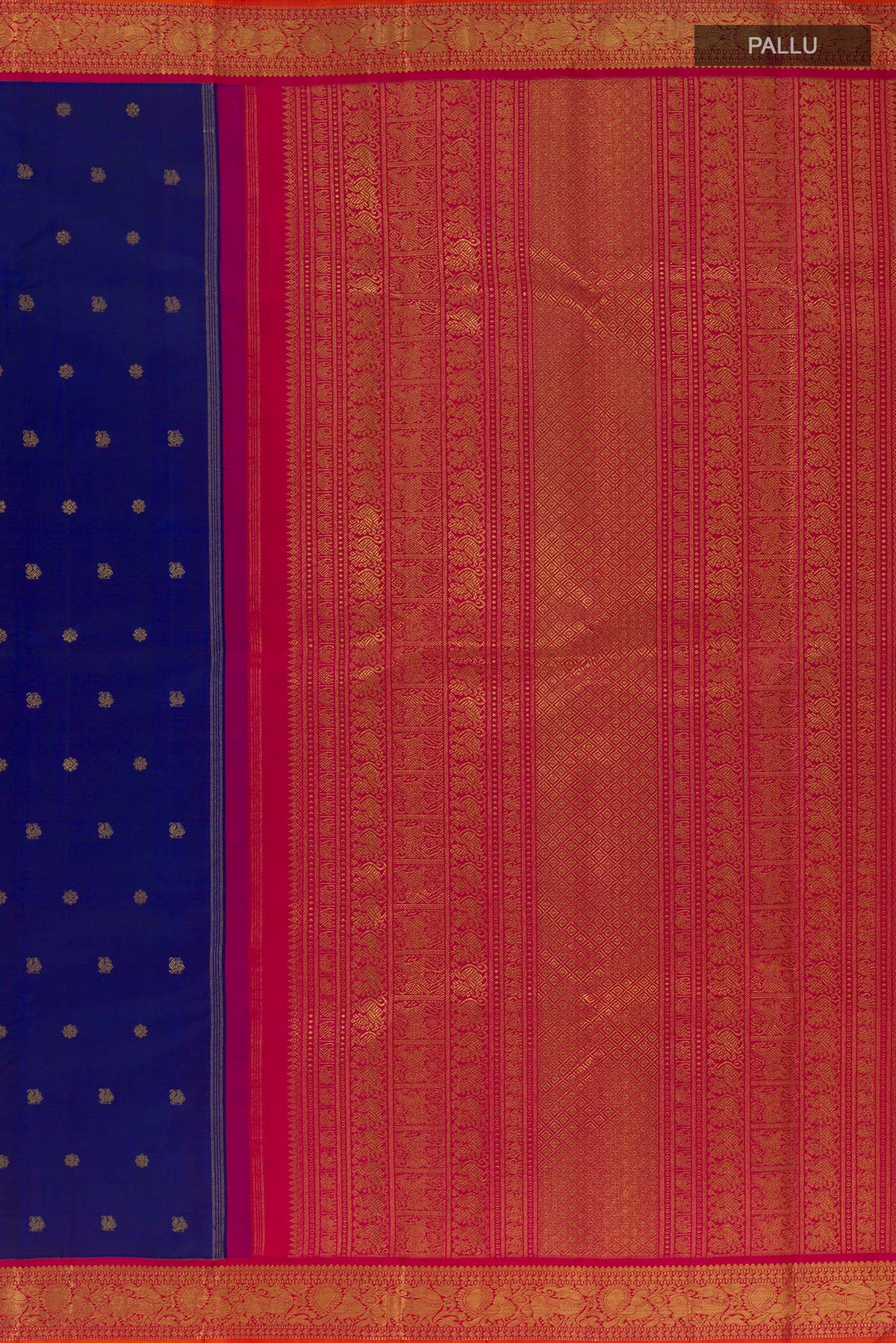 Close up image of the pallu of Pure Silk Pure Zari Blue Kanjivaram Saree with Zari Butta on the body and Zari Border. 