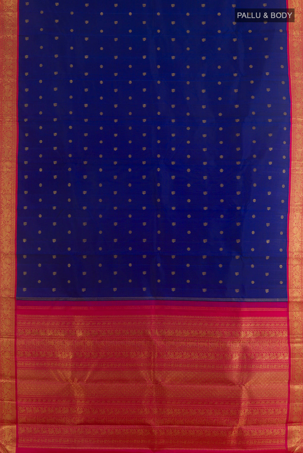Flat view of Pure Silk Pure Zari Blue Kanjivaram Saree with Zari Butta on the body and Zari Border. 