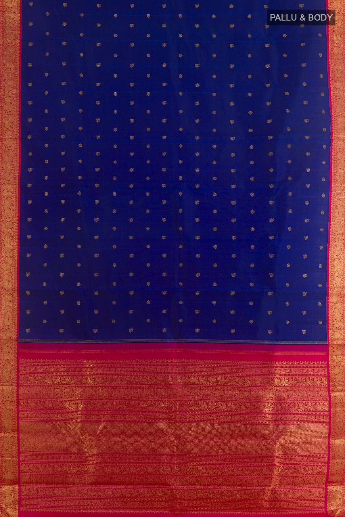 Flat view of Pure Silk Pure Zari Blue Kanjivaram Saree with Zari Butta on the body and Zari Border. 