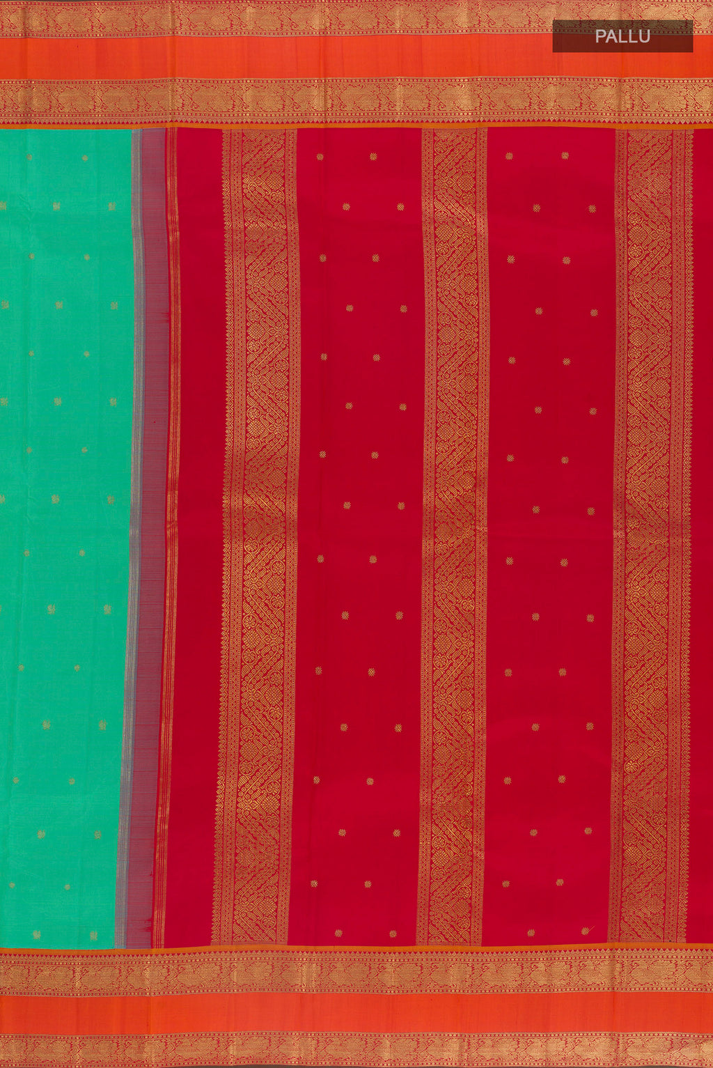 Close up image of the pallu of Pure Silk Pure Zari Sea Green Kanjivaram Saree with Zari Butta on the body and Zari Border. 