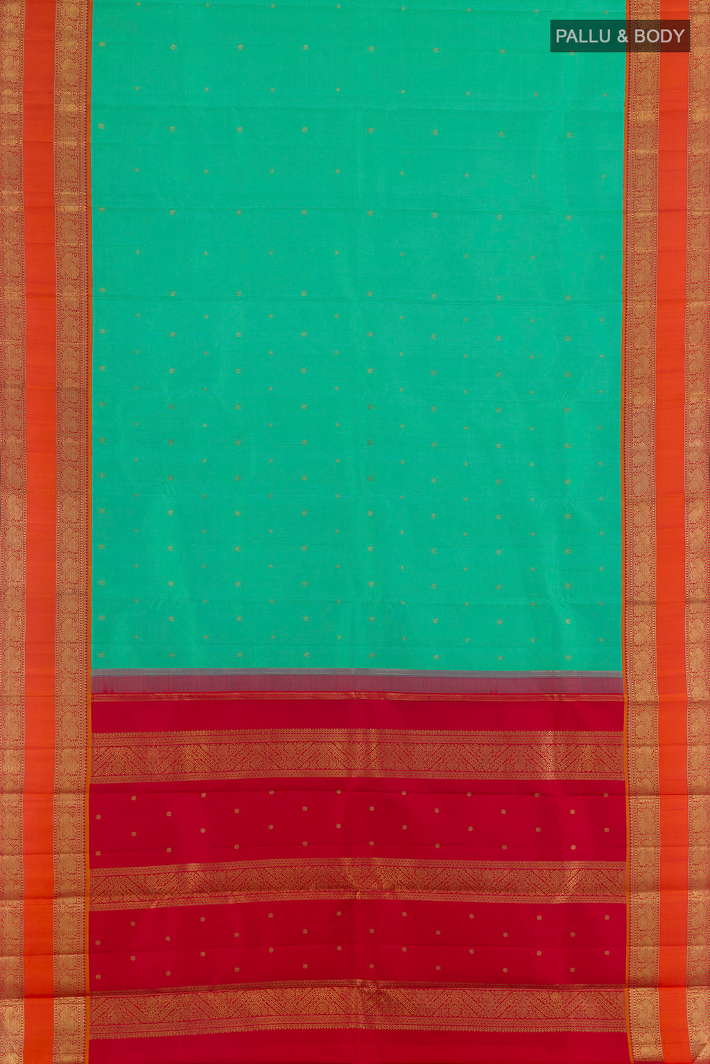 Flat view of Pure Silk Pure Zari Sea Green Kanjivaram Saree with Zari Butta on the body and Zari Border. 