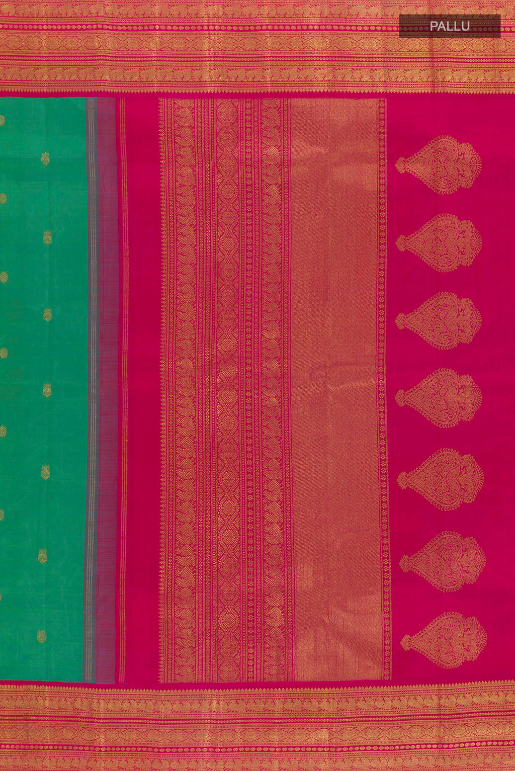 Close up image of the pallu of Pure Silk Pure Zari Green Kanjivaram Saree with Zari Butta on the body and Zari Border. 