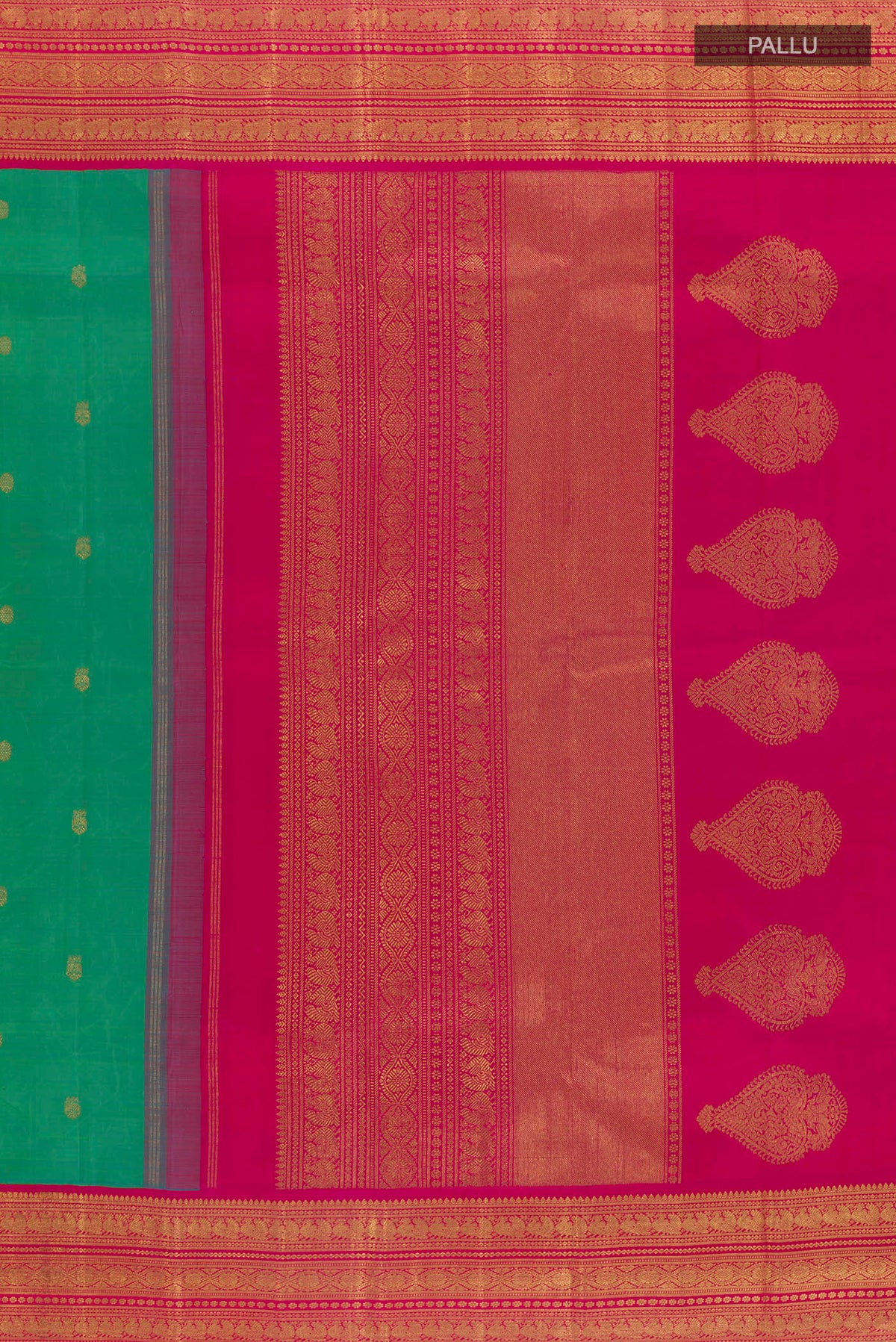 Close up image of the pallu of Pure Silk Pure Zari Green Kanjivaram Saree with Zari Butta on the body and Zari Border. 