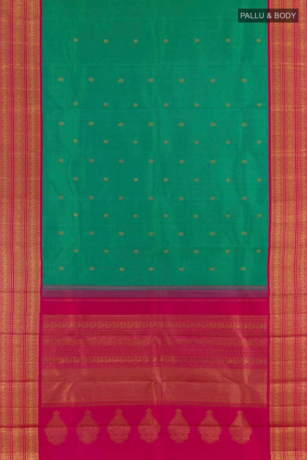 Flat view of Pure Silk Pure Zari Green Kanjivaram Saree with Zari Butta on the body and Zari Border. 