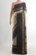 Pure Silk Pure Zari Sage Green Kanjivaram Saree with Checked design on the body and Zari Border.  displayed on a mannequin