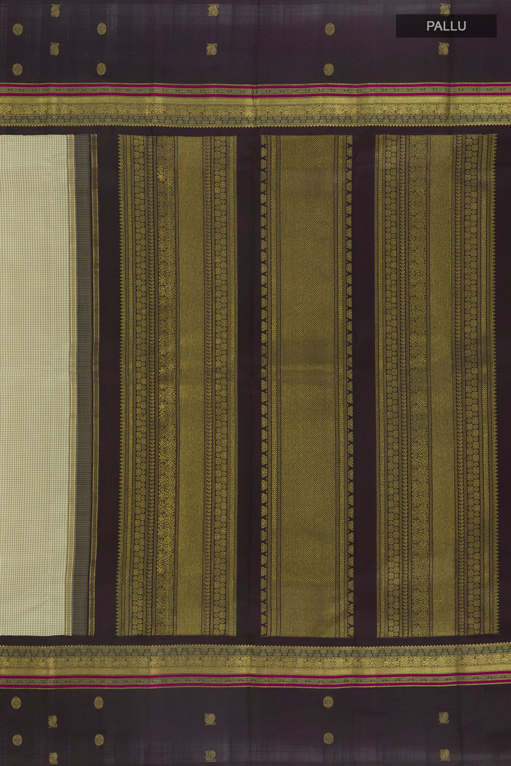 Close up image of the pallu of Pure Silk Pure Zari Sage Green Kanjivaram Saree with Checked design on the body and Zari Border. 