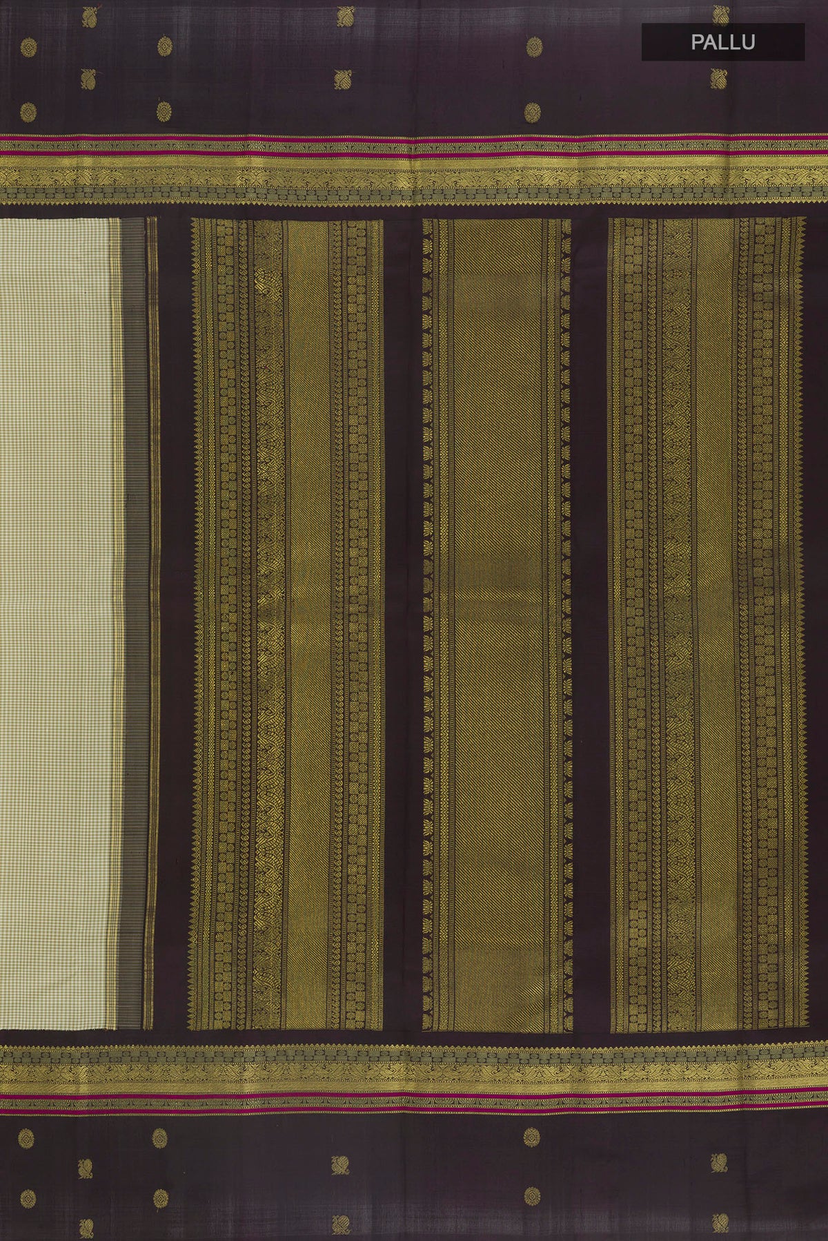 Close up image of the pallu of Pure Silk Pure Zari Sage Green Kanjivaram Saree with Checked design on the body and Zari Border. 