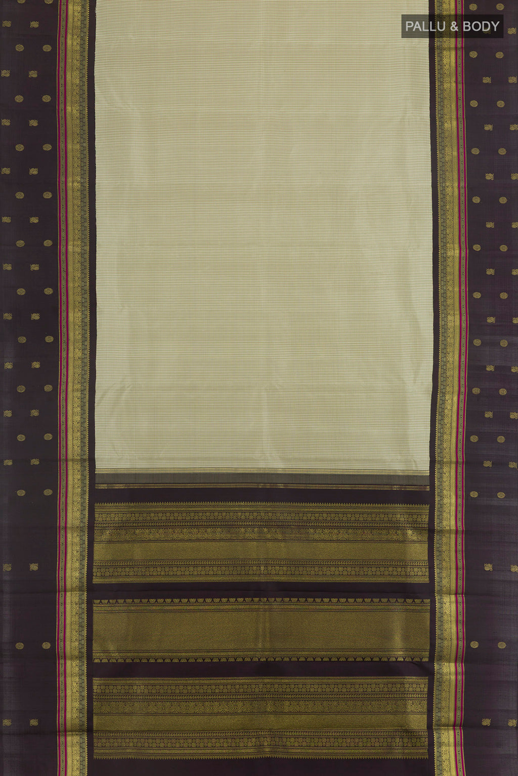 Flat view of Pure Silk Pure Zari Sage Green Kanjivaram Saree with Checked design on the body and Zari Border. 