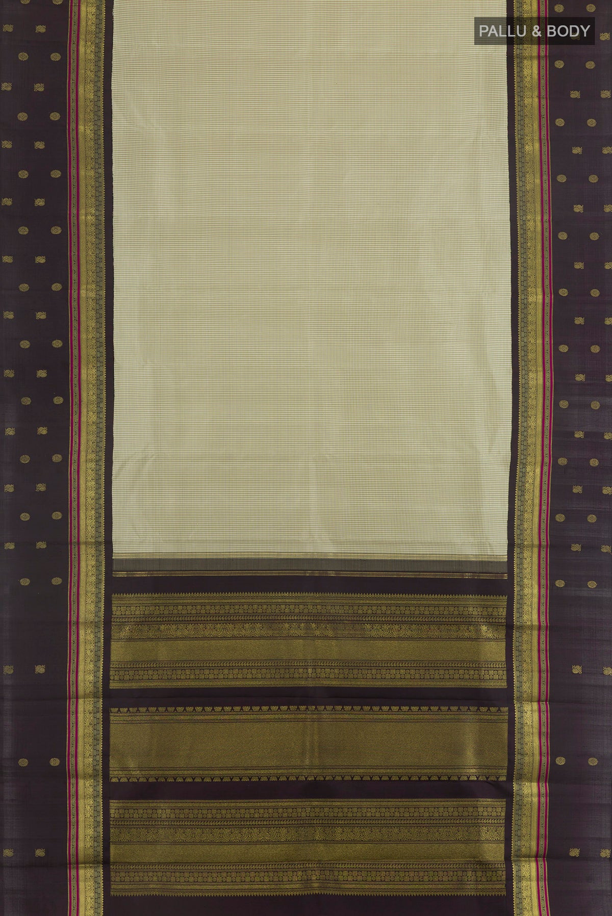 Flat view of Pure Silk Pure Zari Sage Green Kanjivaram Saree with Checked design on the body and Zari Border. 