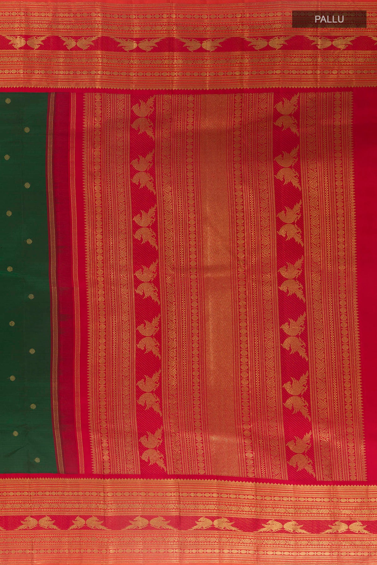 Close up image of the pallu of Pure Silk Pure Zari Green Kanjivaram Saree with Zari Butta on the body and Zari Border. 