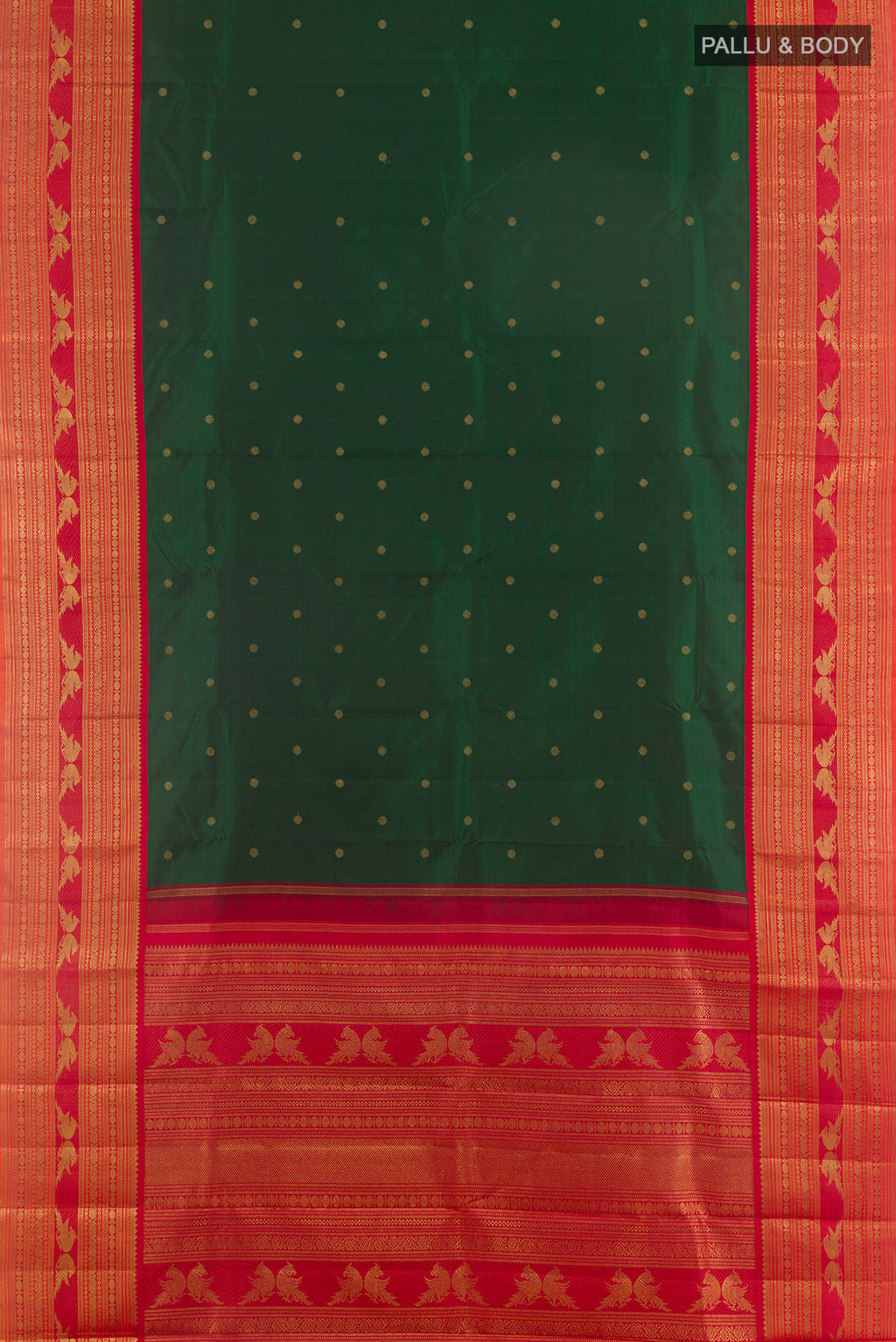 Flat view of Pure Silk Pure Zari Green Kanjivaram Saree with Zari Butta on the body and Zari Border. 
