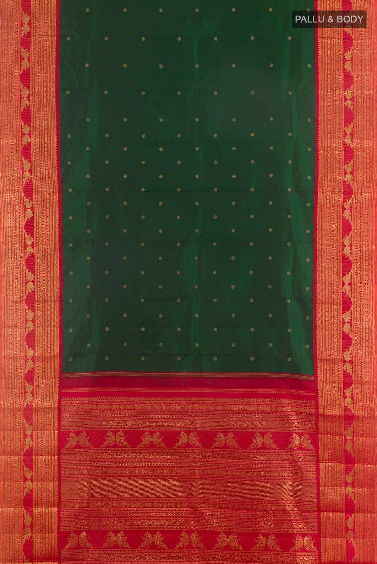 Flat view of Pure Silk Pure Zari Green Kanjivaram Saree with Zari Butta on the body and Zari Border. 